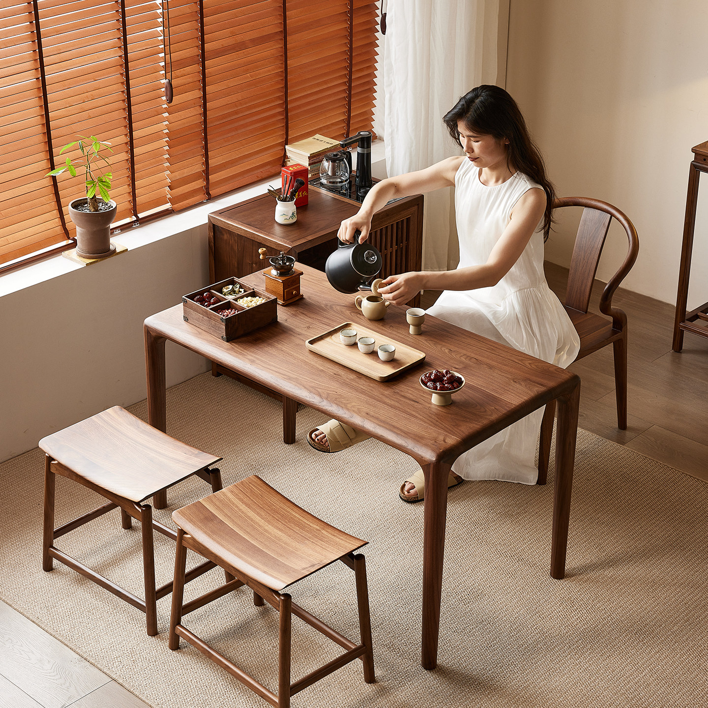 实木茶桌1米小户型北美黑胡桃木阳台茶台现代简约茶室桌子1.4米