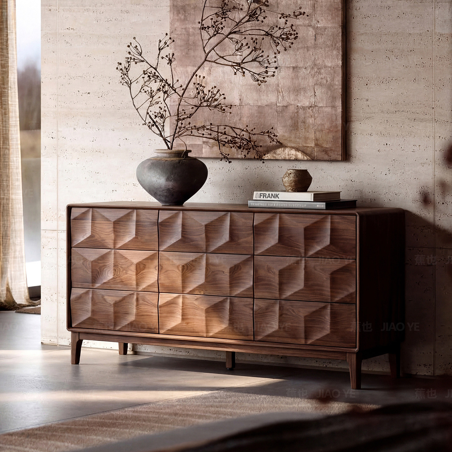 实木九斗柜意式轻奢卧室北美黑胡桃木储物柜复古风客厅边柜全原木