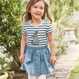 套装 特价 夏季 女童短袖 口袋休闲半身裙两件套洋气 纯棉条纹绣花半袖