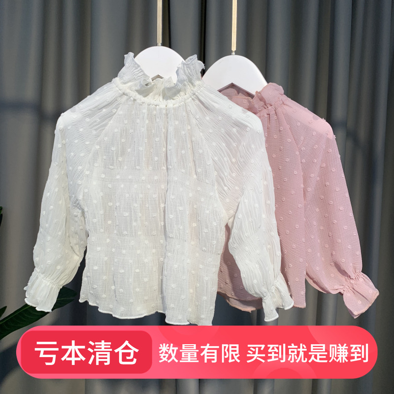 特价春秋款女童长袖衬衫薄款立领木耳边喇叭袖5甜美4岁女宝宝上衣