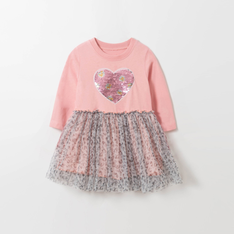 欧美春秋女童长袖连衣裙爱心亮片T恤裙洋气公主纱裙儿童秋装裙子