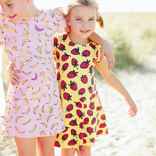 女童连衣裙纯棉印花针织草莓黄色A字裙女宝宝公主裙 童装 新款 夏季