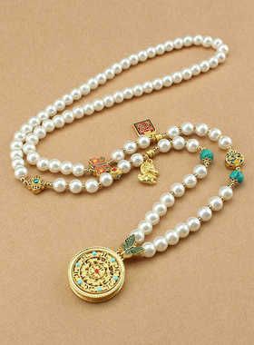 2024新款爆款圆牌吊坠珍珠长款项链女新中式国风轻奢小众高级配饰