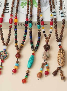 2024新款爆款复古毛衣链女长款佛珠木珠民族风项链棉麻衣服配饰品