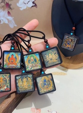 新中式复古唐卡黑檀木方牌项链