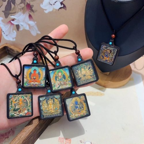 新中式复古唐卡黑檀木方牌项链