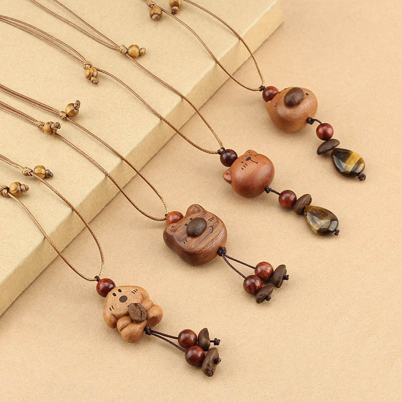咖啡豆小熊小猫木质吊坠项链女