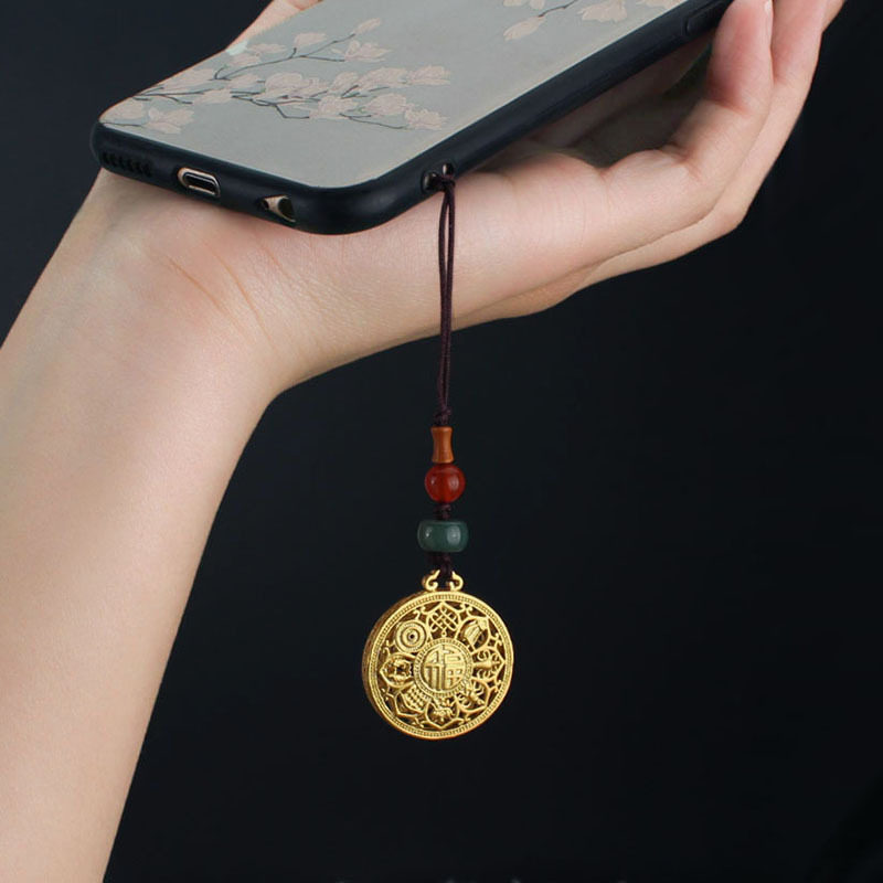 中国风古法沙金铜福牌八宝罗盘吊坠手机链女2024新款挂绳包包挂饰