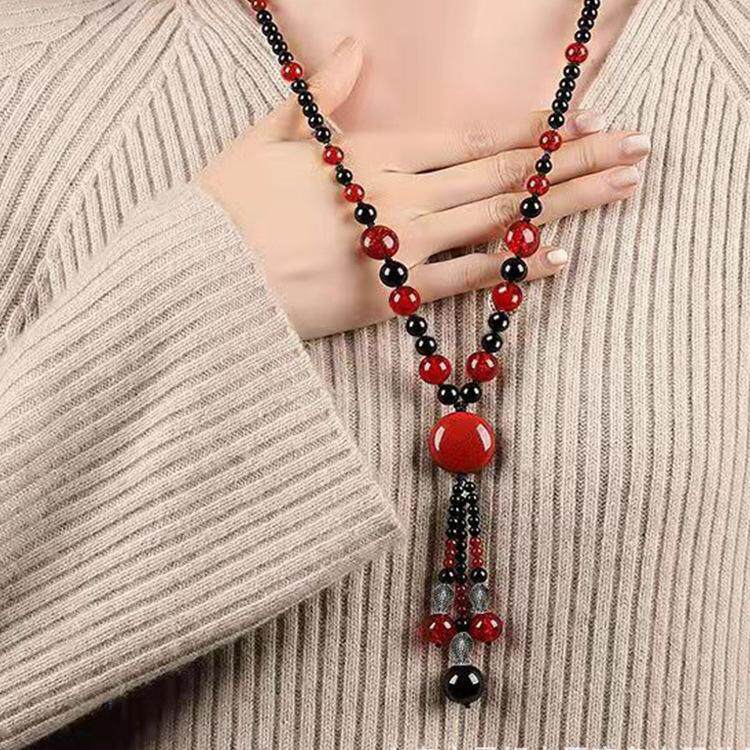 民族风项链长款复古风新中式毛衣链子挂件中国风配饰女红色装饰品