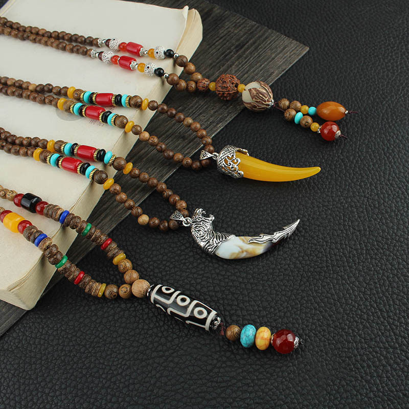 新中式民族风项链男女复古毛衣链长款棉麻衣服百搭木质国风挂饰品