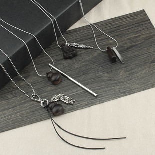 欧美几何光面方条檀木项链女个性嘻哈长款吊坠百搭毛衣链复古配饰