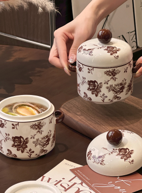 ZESEN|花野玫瑰陶瓷炖盅隔水炖家用陶瓷带盖一人小号双耳煲汤瓦罐