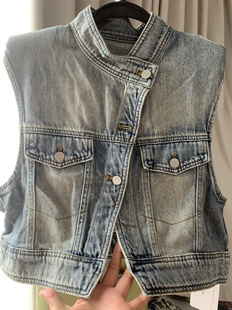 欧货夏季新款立领垫肩牛仔马甲女短款无袖坎肩背心外套设计感小众