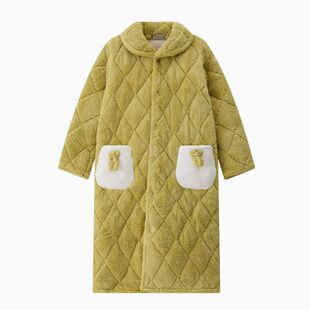冬季三层夹棉加厚加绒睡袍女士法兰绒夹棉保暖家居服可外穿