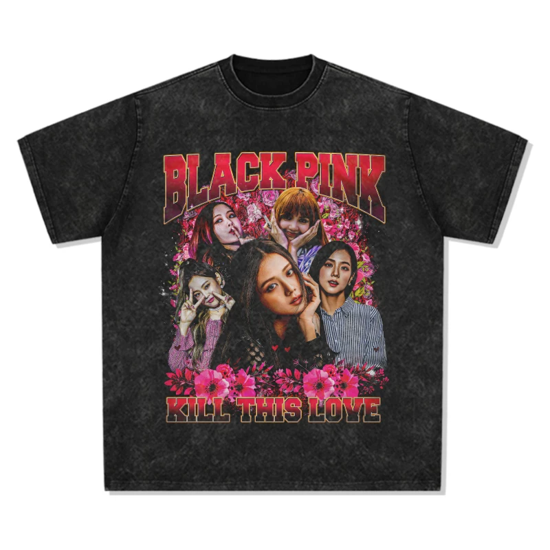 Американский винтаж принт Rose Park Caicai футболка Korean женская группа BLACKPINK короткий рукав Lisa Aespa