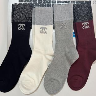 高级轻奢亮丝烫钻中筒袜子女欧货春秋棉袜走秀时尚 百搭拼接长袜