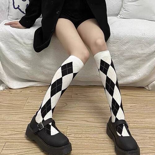 潮袜jk制服菱格黑白英伦风小腿袜