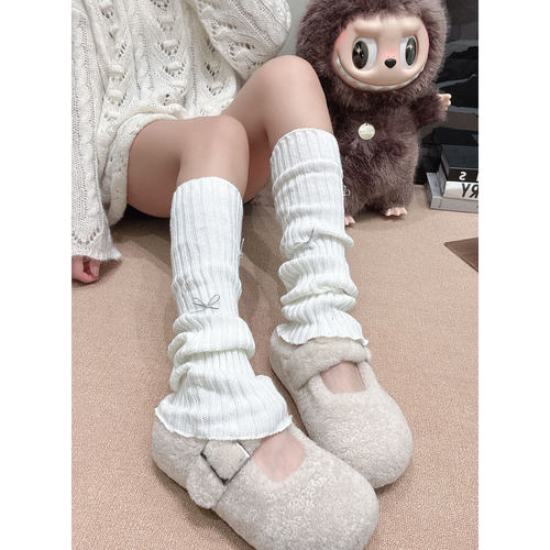 秋冬蝴蝶结针织袜套女 木耳边堆堆小腿套 毛线护腿套搭配毛毛鞋