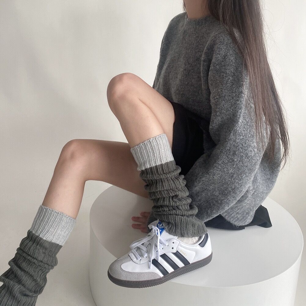 学院风针织袜套女春秋冬款毛线腿套显瘦灰色保暖小腿袜Y2K堆堆袜