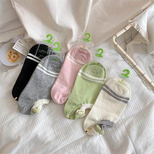 条纹船袜女ins潮棉夏薄款后跟布标低帮日系运动学生简约隐形袜子