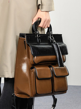 高级感小众拼色双肩包女2025新款大容量皮质电脑背包上班通勤包包
