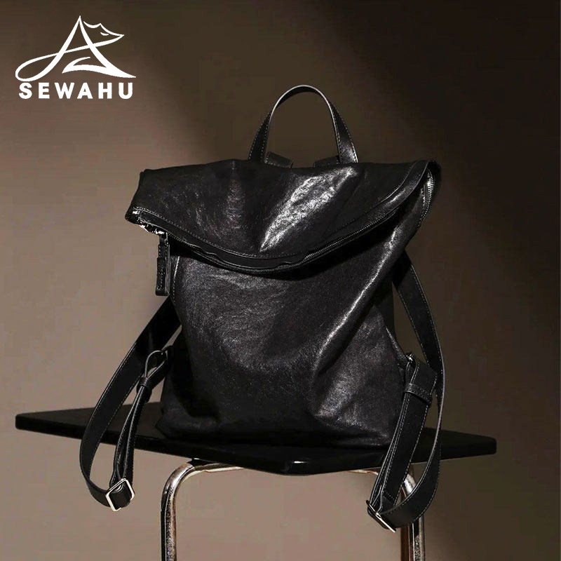 高级感小众双肩包女上班通勤电脑背包大容量2025新款黑色皮质书包