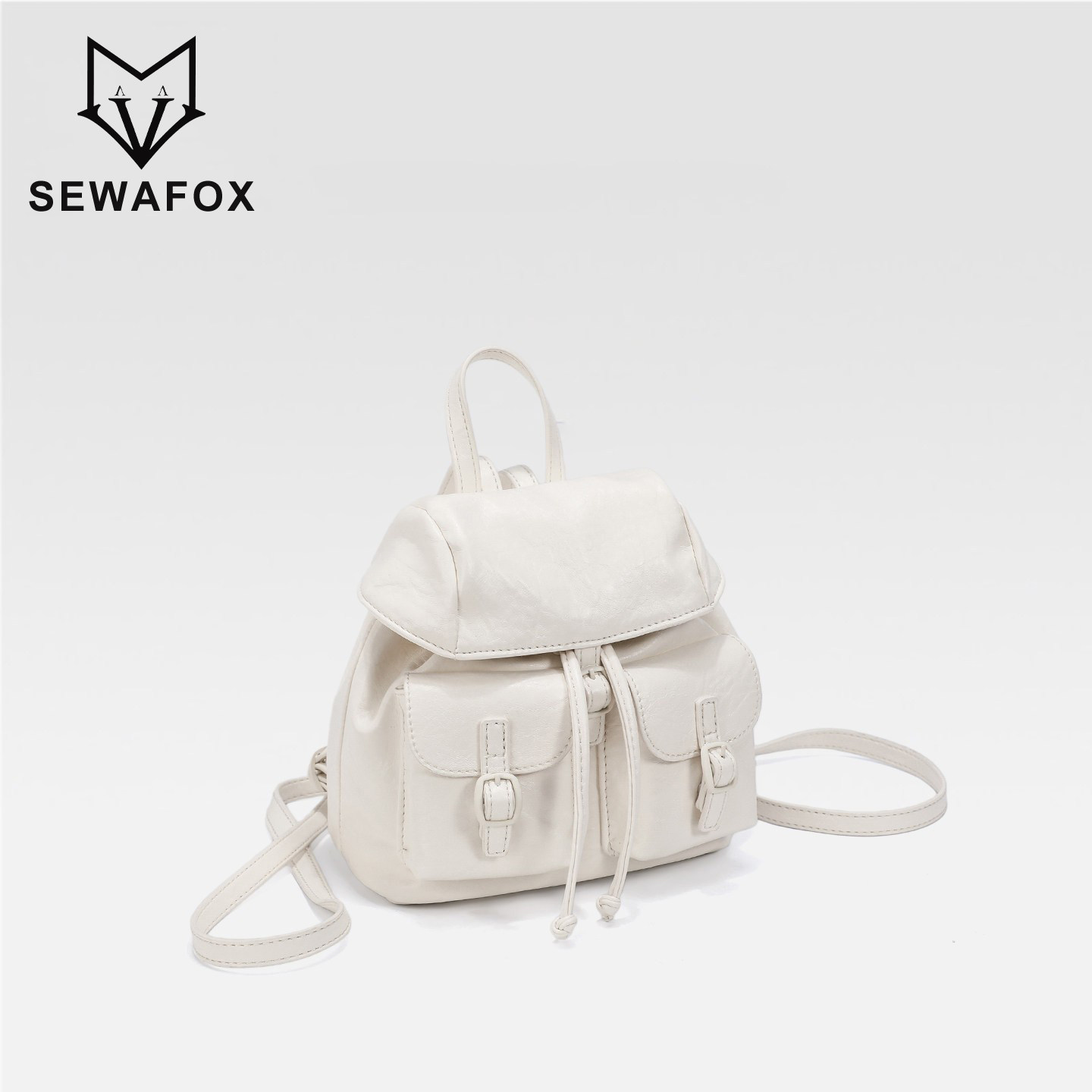 SEWAFOX韩系小众双肩包小女2026新款百搭抽绳通勤皮质小型背包										