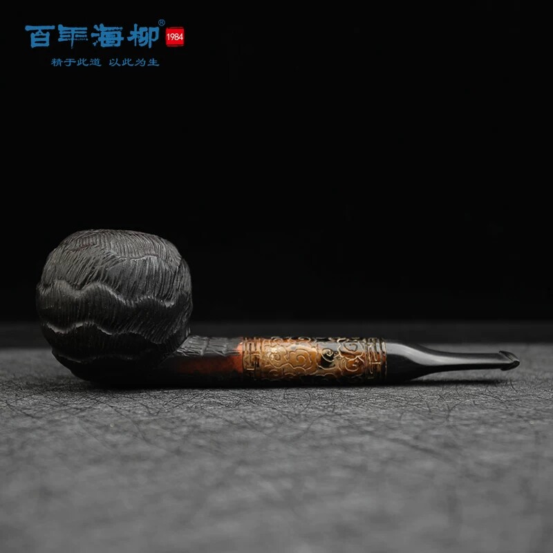 石楠木烟斗 雕刻波浪纹 海柳装饰斗柄加流化橡胶烟嘴3mm烟道DZ20