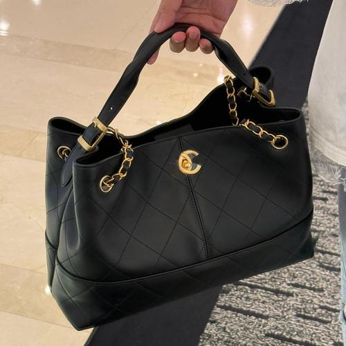 严选塔尖 小香风25A 灰色麂皮拼羊皮黑金双C手拎单肩托特包1221