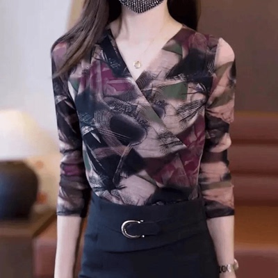 2024年新款长袖网纱印花T恤