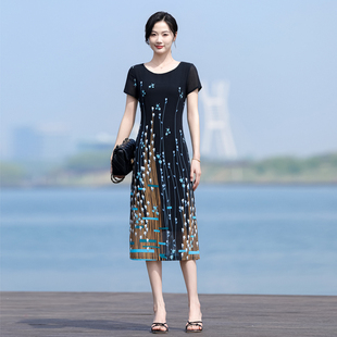 中式复古改良旗袍连衣裙女2024夏季时尚气质收腰显瘦印花日常裙子