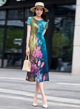改良版旗袍裙子2023夏修身显瘦印花雪纺复古时尚妈妈中长连衣裙女