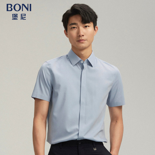 BONI/堡尼春夏商务正装休闲蓝色方领化纤混纺短袖衬衫GR369C51B