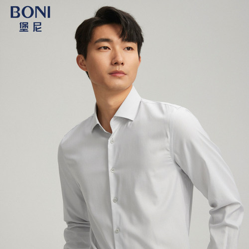 BONI/堡尼春夏灰色方领肌理桑蚕丝混纺成衣免烫长袖衬衫GR286161B