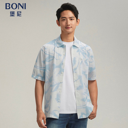 BONI/堡尼春夏新品休闲印花方领肌理桑蚕丝混纺短袖衬衫GR366C11H