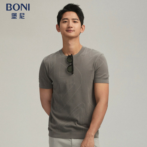 BONI/堡尼24新款春夏休闲灰咖色圆领棉混纺短袖T恤LR238F71B