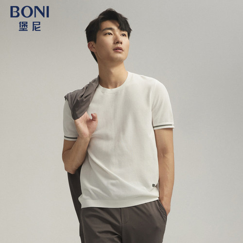 BONI/堡尼春夏新品白色圆领横机棉混纺短袖T恤LR111A51B