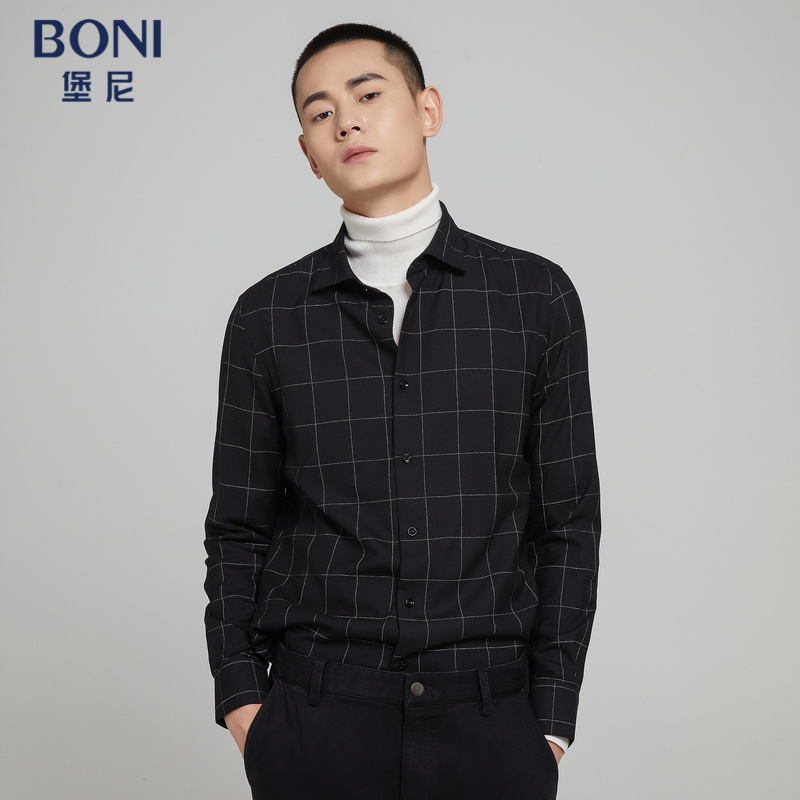 BONI/堡尼春秋新品商务长袖男衬衫正装时尚修身格纹衬衣GI580201A