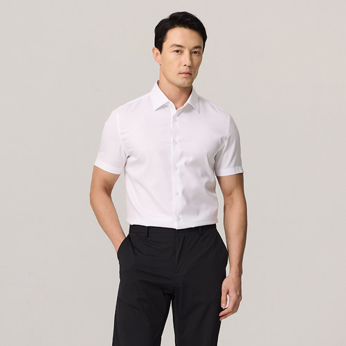 堡尼春夏新品男士轻商务抗皱衬衫净色休闲全棉短袖衬衫成衣免烫款