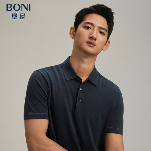 BONI/堡尼春夏新款灰蓝色翻领横机丝麻棉混纺短袖T恤LR269B22B