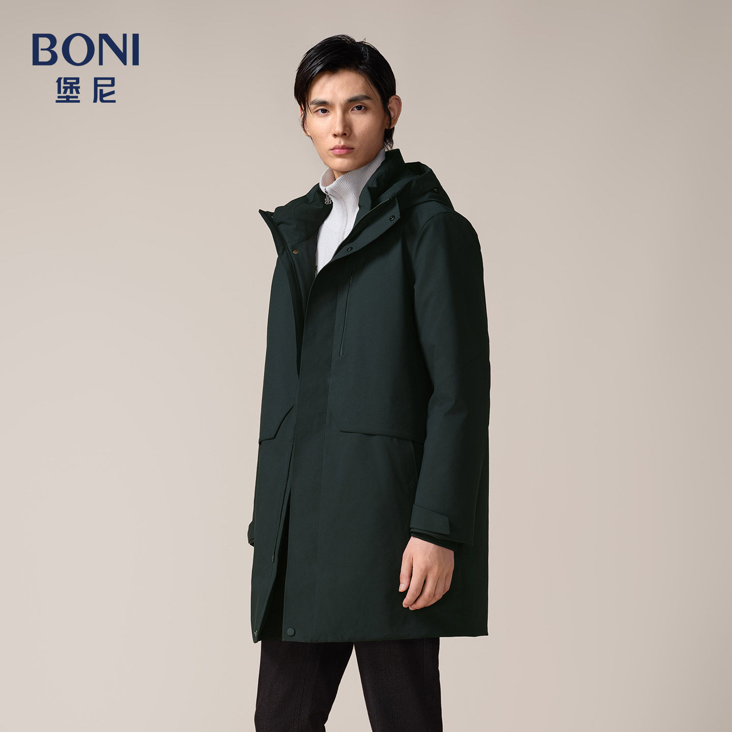 堡尼秋冬新品商务连帽羽绒服休闲保暖中长款鹅绒外套男ES840182H