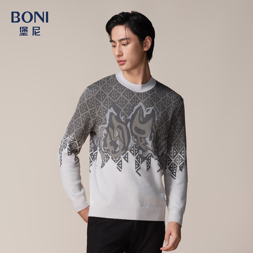 BONI/堡尼新品商务毛衣印花半高领羊毛针织衫休闲内搭男JS638201C