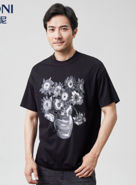 BONI/堡尼2023春夏新品黑色圆领印花休闲棉混纺短袖T恤LP280B82H