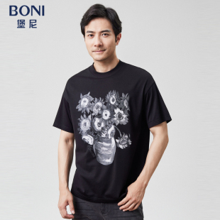 T恤LP280B82H 黑色圆领印花休闲棉混纺短袖 BONI 堡尼2023春夏新品