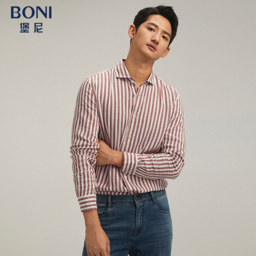 BONI/堡尼春夏新品竖条纹麻混纺长袖衬衫商务休闲衬衣男GR254301B