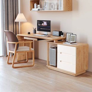 原木色伸缩实木书桌转角电脑桌台式家用卧室双人写字床边桌柜一体