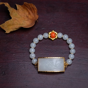 《蝶兰语》和田玉直边手牌玉珠手串手链18K黄金镶嵌24K黄金配饰