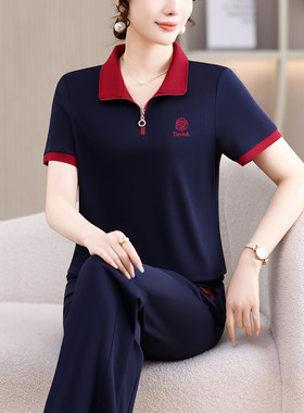 妈妈装夏季薄款翻领运动套装