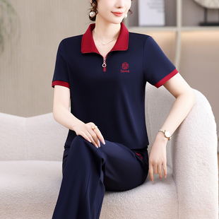 中老年女装妈妈装夏季运动服2026新款翻领短袖长裤休闲运动套装薄