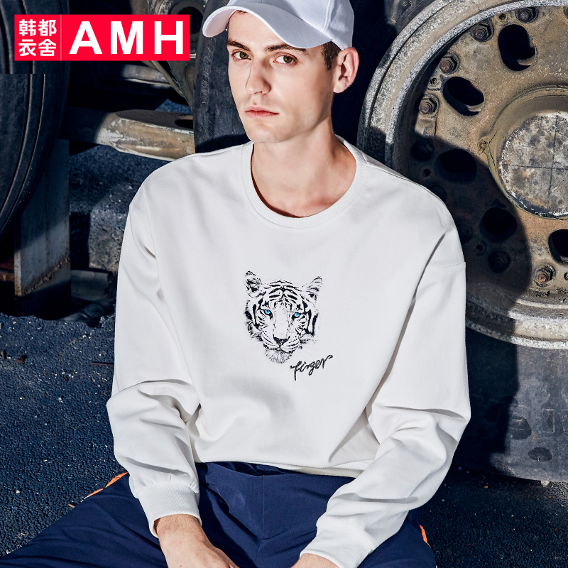 AMH男装2018秋装新款青年印花宽松潮圆领情侣长袖t恤男NQ6789翼